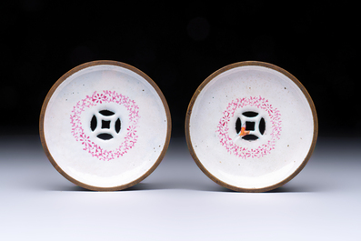 A pair of rare Chinese Canton enamel scent boxes, covers and inner liners, Qianlong