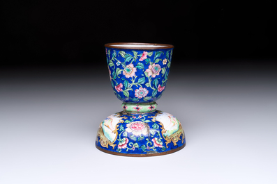 A fine Chinese Canton enamel blue-ground vase with a romantic scene, Qianlong