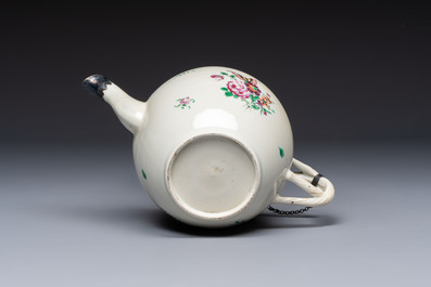 A Chinese famille rose 'Xi Xiang Ji' plate, a 'Rooster' saucer, and a 'Lowestoft' covered teapot, Yongzheng/Qianlong