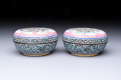 A pair of rare Chinese Canton enamel scent boxes, covers and inner liners, Qianlong