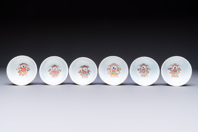 Six Chinese famille rose gilt-decorated 'Flower Basket' cups and saucers, Yongzheng/Qianlong