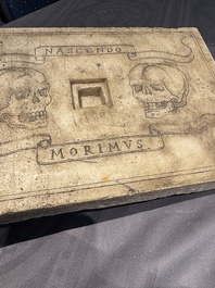 An Italian ecclesiastical marble altar plaque with 'Memento Mori' engraving, 19th C.