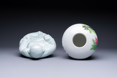 Two Chinese famille rose vases, two jars, a 'Lions' covered teapot and a Buddha, signed Mao Zirong 毛子榮 and Liu Jishun 劉吉順, 19/20th C.