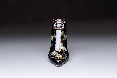 An extremely rare black Delftware model of a shoe, early 18th C.