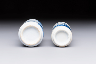 Two Chinese blue, white and copper-red snuff bottles with figural design, 19th C.
