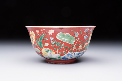 A Chinese falancai coral-red-ground bowl, Yongzheng mark, 18/19th C.