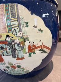 A Chinese famille verte blue-ground fishbowl with narrative design, 19th C.