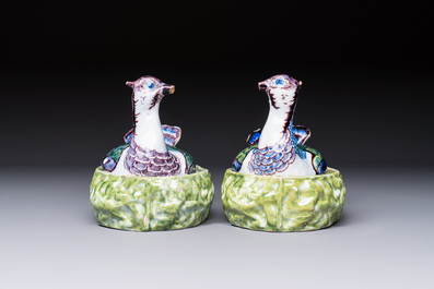 A pair of polychrome Dutch Delft 'Lapwings' tureens and covers, 18th C.