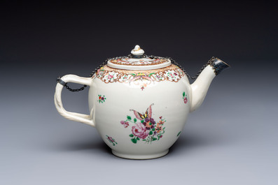 A Chinese famille rose 'Xi Xiang Ji' plate, a 'Rooster' saucer, and a 'Lowestoft' covered teapot, Yongzheng/Qianlong