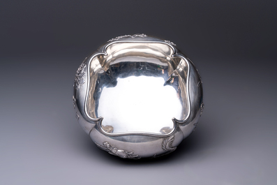 A fine Chinese silver bowl with relief dragon design on reticulated wooden stand, Tai Chang Long 泰昌隆 mark, 19th C.