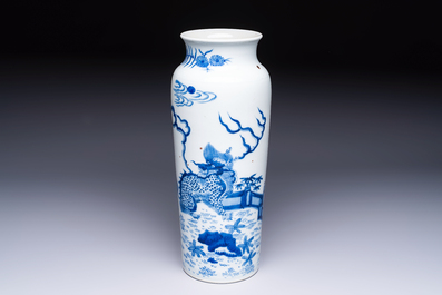 A rare Chinese blue and white 'Qilin' sleeve vase, 19th C.