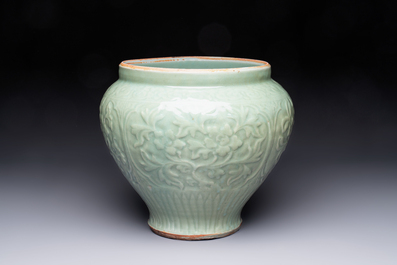 A fine large Chinese Longquan celadon 'Floral' jar, Ming