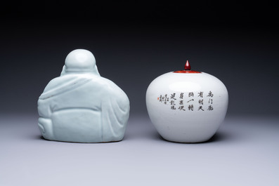 Two Chinese famille rose vases, two jars, a 'Lions' covered teapot and a Buddha, signed Mao Zirong 毛子榮 and Liu Jishun 劉吉順, 19/20th C.
