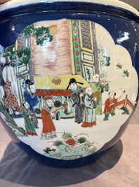 A Chinese famille verte blue-ground fishbowl with narrative design, 19th C.