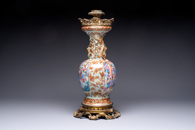 A gilt-bronze-mounted Chinese Canton famille rose celadon-ground vase, 19th C.