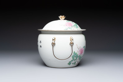 A Chinese famille rose 'Peacock' covered bowl, a candlestick and a stembowl, Guangxu mark and of the period, 19/20th C.