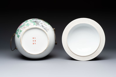 A Chinese famille rose 'Peacock' covered bowl, a candlestick and a stembowl, Guangxu mark and of the period, 19/20th C.