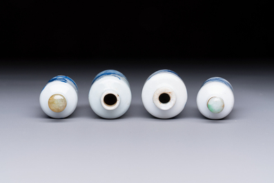 Four Chinese blue and white snuff bottles, 19th C.