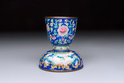 A fine Chinese Canton enamel blue-ground vase with two bunnies, Qianlong