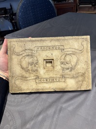 An Italian ecclesiastical marble altar plaque with 'Memento Mori' engraving, 19th C.