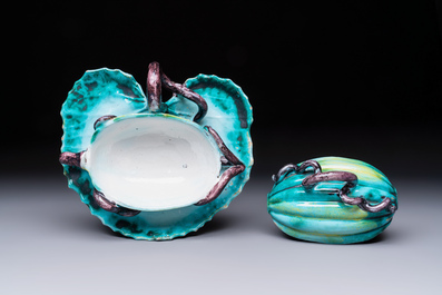 A very rare Brussels faience melon-shaped tureen and cover on stand, 18th C.