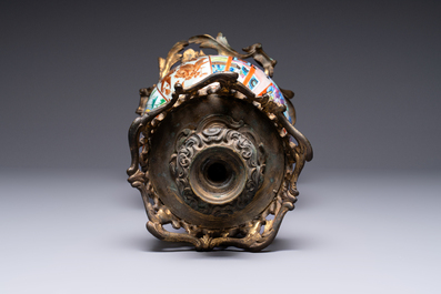 A gilt-bronze-mounted Chinese Canton famille rose celadon-ground vase, 19th C.