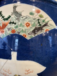 A Chinese famille verte blue-ground fishbowl with narrative design, 19th C.