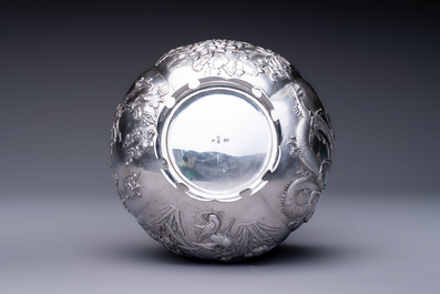 A fine Chinese silver bowl with relief dragon design on reticulated wooden stand, Tai Chang Long 泰昌隆 mark, 19th C.