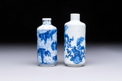 A Chinese blue and white 'Mythical Animals' snuff bottle and a 'Buddhist Lions' snuff bottle, 19th C.