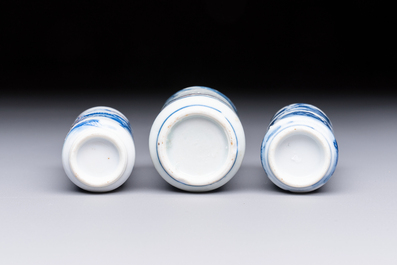 Three Chinese blue, white and copper-red snuff bottles with narrative design, 19th C.