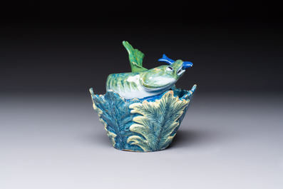 A rare polychrome Dutch Delft 'Pike' tureen and cover, 18th C.