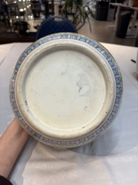 Seven Chinese famille rose vases, a scroll jar and a jardini&egrave;re on a stand, Qianlong marks, 20th C.