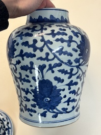 A Chinese blue and white vase and cover with floral design, Kangxi