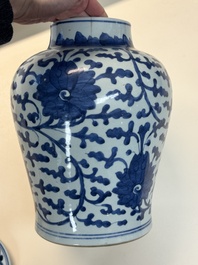 A Chinese blue and white vase and cover with floral design, Kangxi