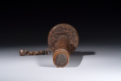 A varied collection of seven Tibetan ritual utensils, including a turquoise-inlaid silver relic holder, 19/20th C.