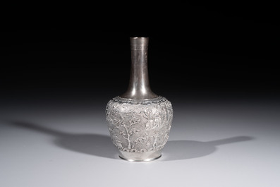 A Chinese Canton or Vietnamese silver bottle vase with landscape design and six cups, 19th C.