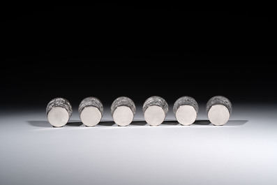 A Chinese Canton or Vietnamese silver bottle vase with landscape design and six cups, 19th C.
