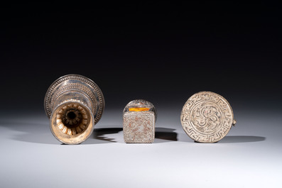 A varied collection of seven Tibetan ritual utensils, including a turquoise-inlaid silver relic holder, 19/20th C.