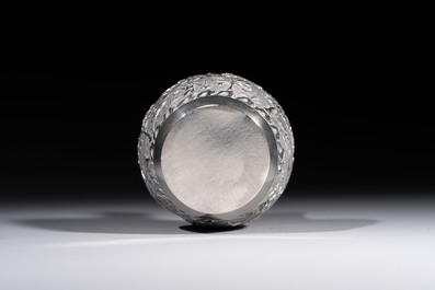 A Chinese Canton or Vietnamese silver bottle vase with landscape design and six cups, 19th C.