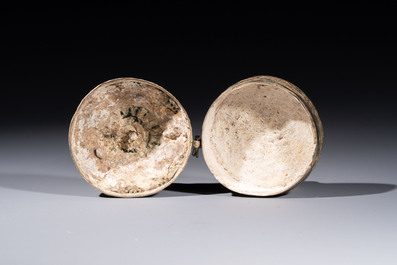 A varied collection of seven Tibetan ritual utensils, including a turquoise-inlaid silver relic holder, 19/20th C.
