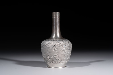 A Chinese Canton or Vietnamese silver bottle vase with landscape design and six cups, 19th C.