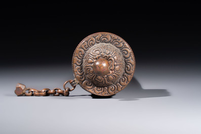 A varied collection of seven Tibetan ritual utensils, including a turquoise-inlaid silver relic holder, 19/20th C.