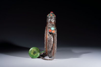 A Tibetan red-coral and malachite-inlaid and silver-mounted 'Ba Ji Xiang' wine bottle, 19th C.