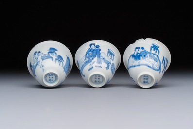 Three Chinese blue and white 'Erotic' wine cups, Yan Shui Yu Shi Zhi Zhen and Chenghua mark, Kangxi