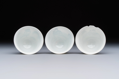 Three Chinese blue and white 'Erotic' wine cups, Yan Shui Yu Shi Zhi Zhen and Chenghua mark, Kangxi