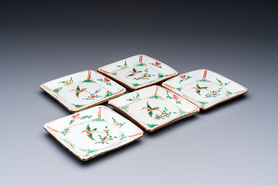 A set of five Chinese wucai Ko-Sometsuke square 'Crane' dishes for the Japanese market, with a tomobako, Tianqi
