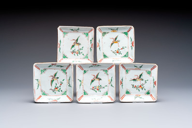 A set of five Chinese wucai Ko-Sometsuke square 'Crane' dishes for the Japanese market, with a tomobako, Tianqi