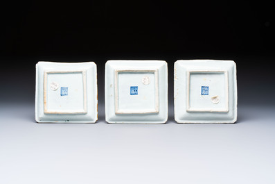 A set of five Chinese wucai Ko-Sometsuke square 'Crane' dishes for the Japanese market, with a tomobako, Tianqi