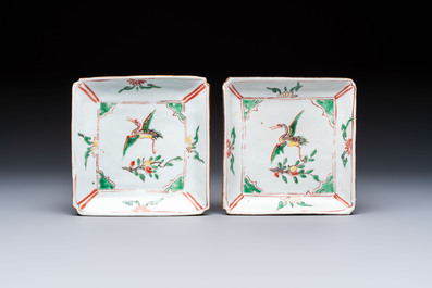 A set of five Chinese wucai Ko-Sometsuke square 'Crane' dishes for the Japanese market, with a tomobako, Tianqi