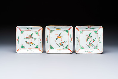 A set of five Chinese wucai Ko-Sometsuke square 'Crane' dishes for the Japanese market, with a tomobako, Tianqi